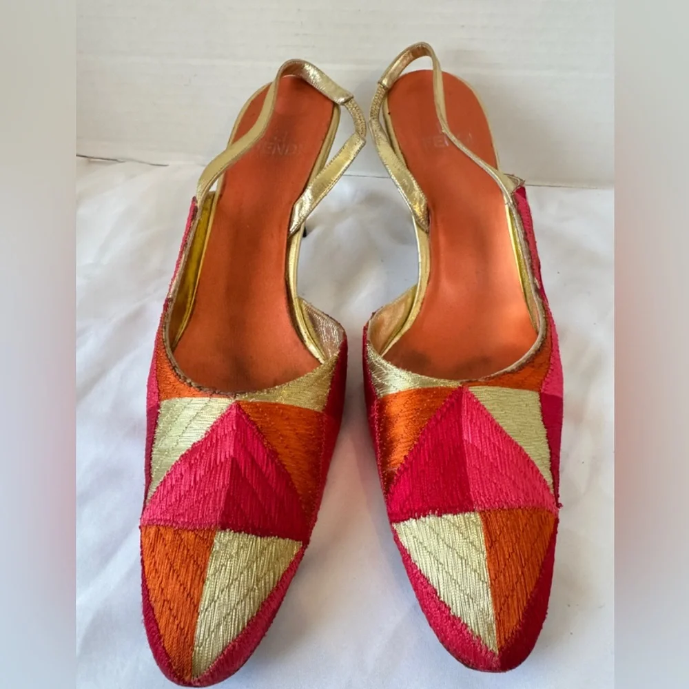 Vintage Fendi Nappa Lamé Metallic Multicolor Geometric Slingback Pump Heel 10M - Picture 2 of 11
